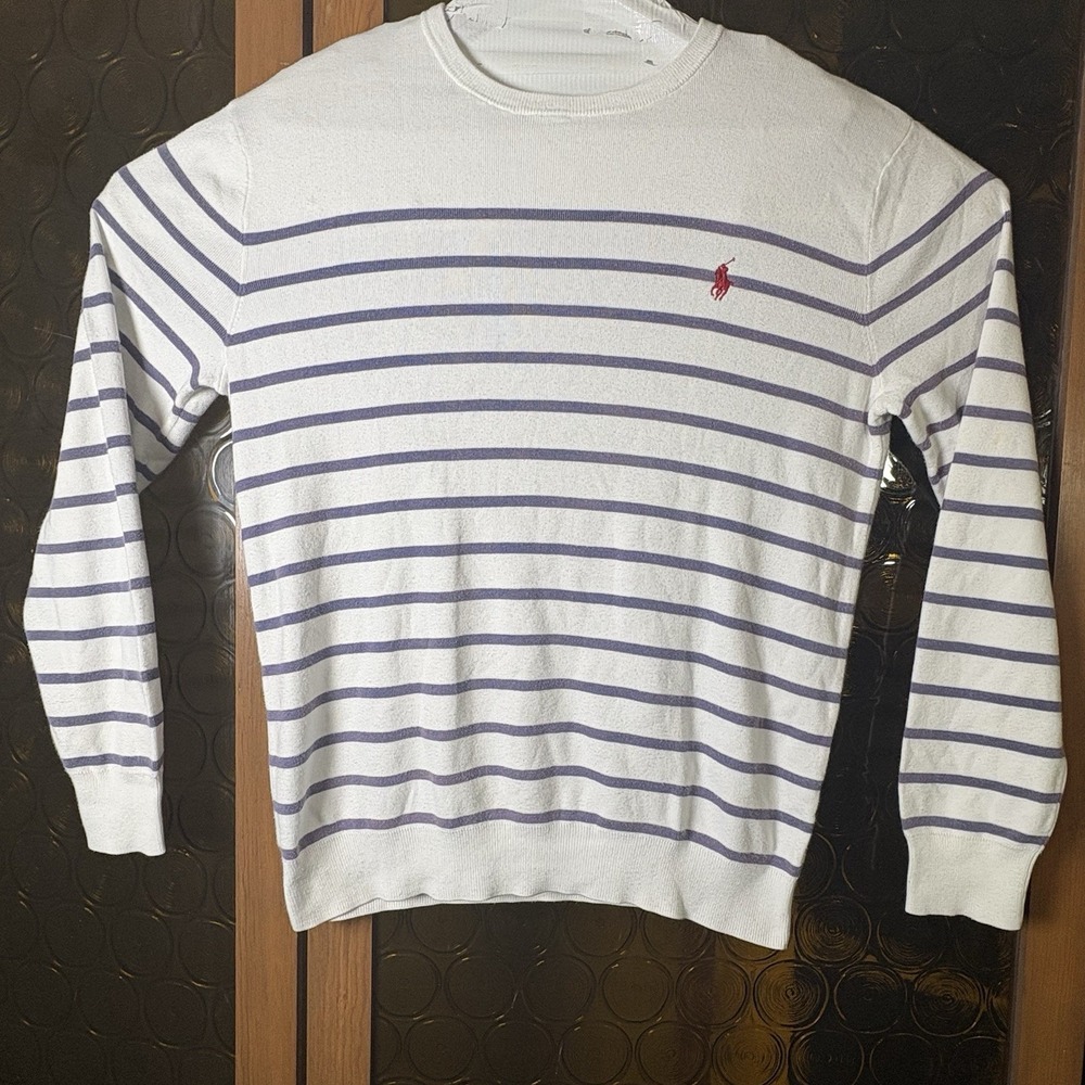 Polo Ralph Lauren Women's S Striped Crew Neck Sweater White Purple Chest Pony T